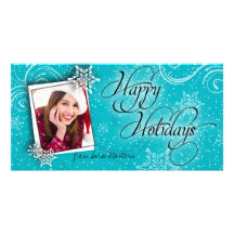Stylish Snow Flake Teal Happy Holidays Photo Card