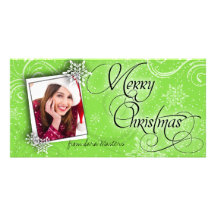 Stylish Snow Flakes Green Christmas Photo Card