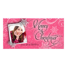 Stylish Snow Flakes Pink Christmas Photo Card