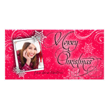 Stylish Snow Flakes Ruby Red Christmas Photo Card