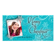 Stylish Snow Flakes Teal Christmas Photo Card