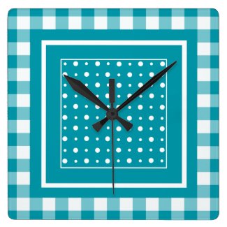Stylish Square Wall Clock, Teal Check Gingham