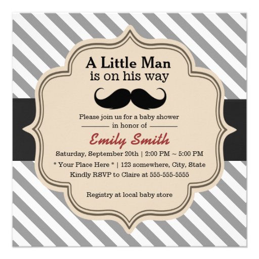 Stylish Stripes Mustache Little Man Baby Shower Custom Announcements (front side)