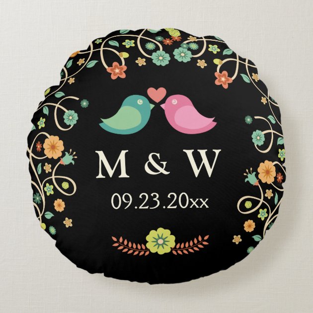 Stylish Wedding Monogram Floral Love Birds Couple Round Pillow