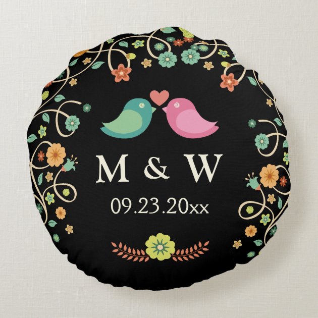 Stylish Wedding Monogram Floral Love Birds Couple Round Pillow