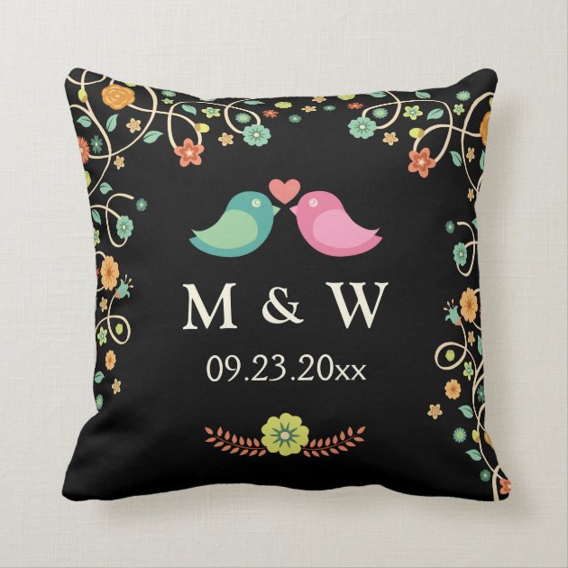 Stylish Wedding Monogram Floral Love Birds Couple Throw Pillow