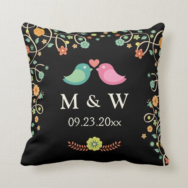 Stylish Wedding Monogram Floral Love Birds Couple Throw Pillow-0