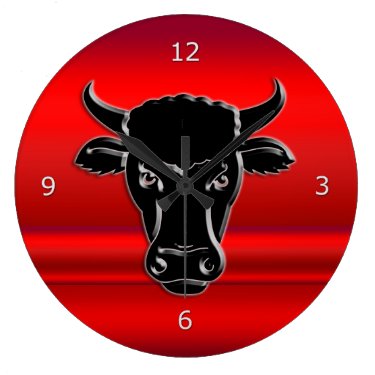 Stylized Black Taurus Bull Head, red metallic-look Clock
