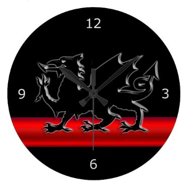 Stylized Black Welsh Dragon, red metallic effect Clock
