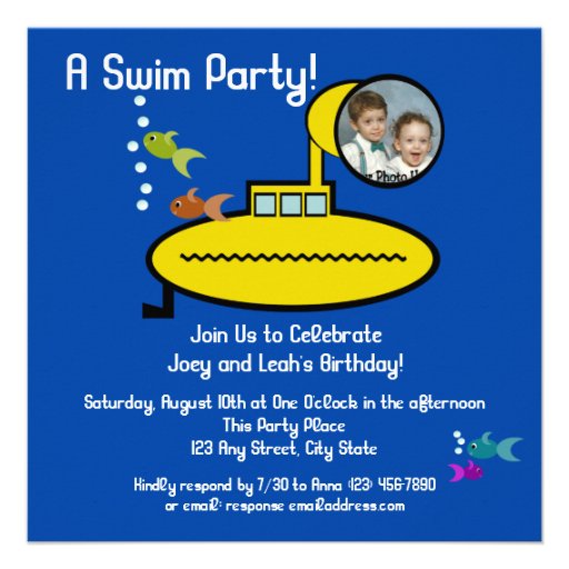 Submarine Swim Party with Photo Personalized Invitations