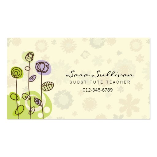 Substitute Teacher Business Card Doodle Flowers (front side)
