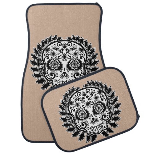 Sugar Skull Black and White Laurel Leaf Car Floor Mat