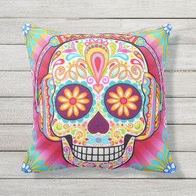 Sugar Skull Outdoor Pillow - Day of the Dead Art
