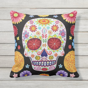 Sugar Skull Outdoor Pillow - Day of the Dead Art