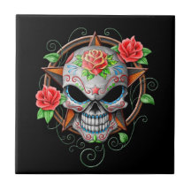 Sugar Skull Star, black Tile