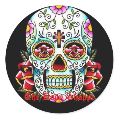 sugar skull, The Body Shoppe Round Stickers by The_Body_Shoppe. stickers