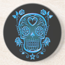 Sugar Skull with Roses, blue Beverage Coasters