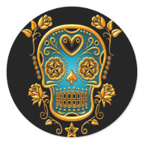 Sugar Skull with Roses, yellow and blue Round Sticker