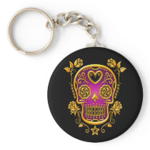 Sugar Skull with Roses, yellow and purple Key Chains