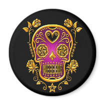 Sugar Skull with Roses, yellow and purple Fridge Magnets