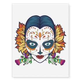 Sugar Skull Woman With Orange and Purple Flowers Temporary Tattoos