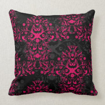 Sultry Flaming Pink and Black Floral Damask Throw Pillows