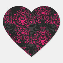 Sultry Flaming Pink and Black Floral Damask Heart Stickers