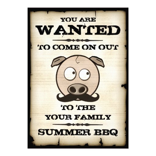 Summer BBQ Mustache Pig Wanted Invitations