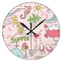 Summer Beach Cartoon on Stripes Wall Clock