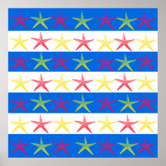 Summer Beach Theme Starfish Blue Striped Pattern Poster