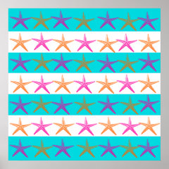 Summer Beach Theme Starfish on Teal Stripes Posters