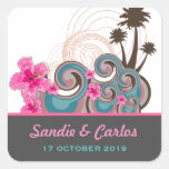 Summer Beach Tropical Waves Pink Hibiscus Wedding stickers