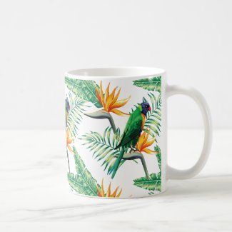 Summer Flower And Colorful Parrot Classic White Coffee Mug