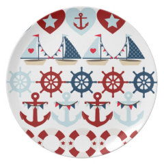 Summer Nautical Theme Anchors Sail Boats Helms Dinner Plates