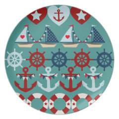 Summer Nautical Theme Anchors Sail Boats Helms Dinner Plate