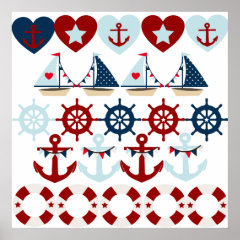 Summer Nautical Theme Anchors Sail Boats Helms Poster