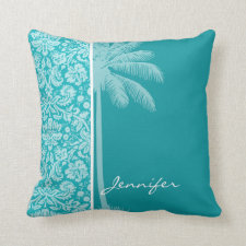 Summer Palm Blue-Green Damask Pattern Throw Pillows