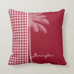 Summer Palm; Carmine Red Gingham; Checkered Pillow