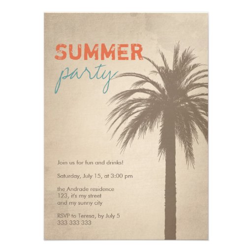 Summer Party Palm Tree Grunge Style Orange Blue Announcements