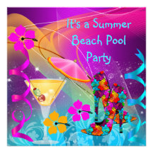 Summer Pink Teal Beach Pool Cocktail Party Personalized Announcement