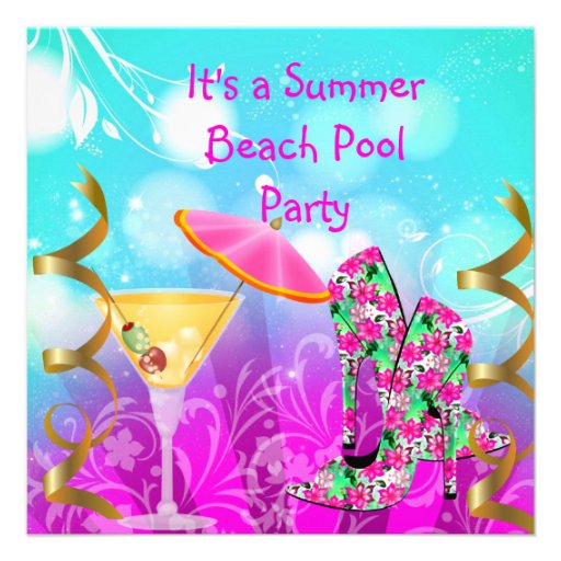 Summer Pink Teal Beach Pool Party Invitations