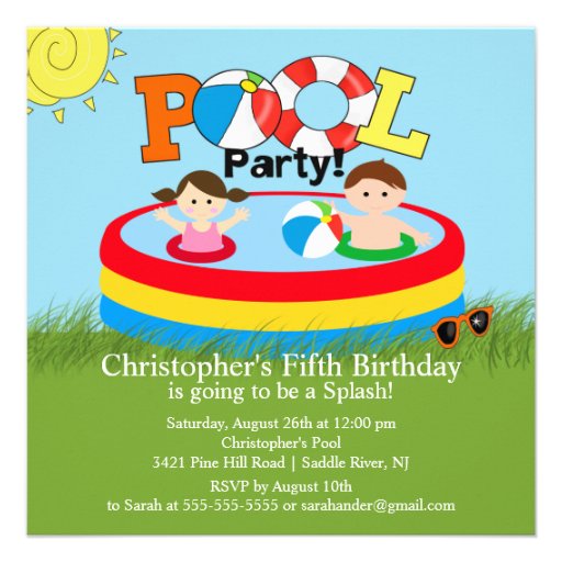 Summer POOL Party Birthday Invitation Boy Girl (front side)