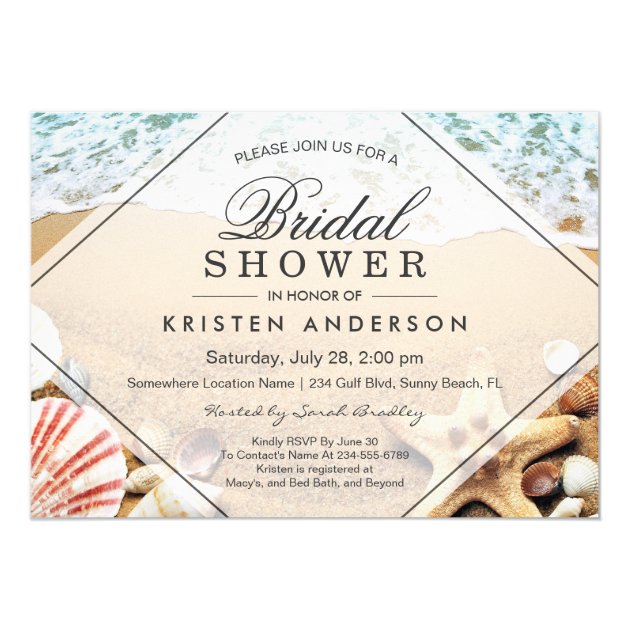 Summer Sandy Beach Starfish Seashell Bridal Shower Card (front side)