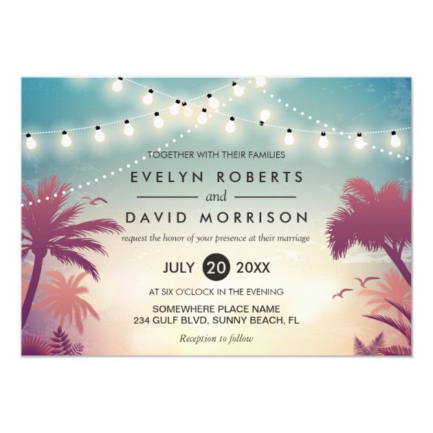 Summer String Lights Palm Tree Outdoor Wedding Card (front side)