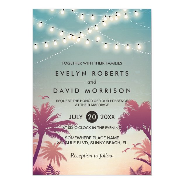 Summer Sunset Palms String Lights Outdoor Wedding Card (front side)
