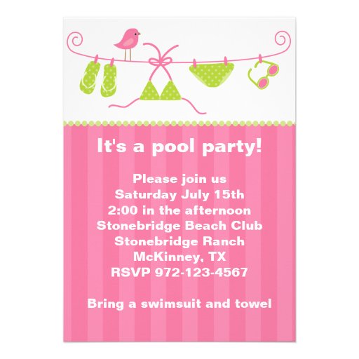 Summertime Pink and Green Bathing Suit Invitation (front side)