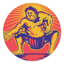 Sumo wrestlercrouching retro woodcut round stickers