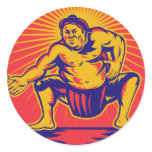 Sumo wrestlercrouching retro woodcut stickers
