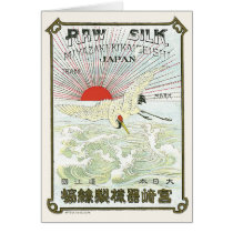 Sun And Crane Bird Vintage Japanese Silk Label Greeting Cards