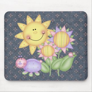 A happy design with a sprintime feeling. Colorful toleart sun with two large flowers and two cute bugs. A design for lovers of whimsical art! Not only on mousepads, but on t-shirts, mugs, buttons and magnets and lots more.